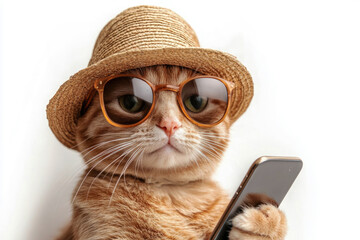 An amusing cat dressed in a sun hat and sunglasses is using a mobile phone, blending the elements of cuteness and humor in modern pet style.