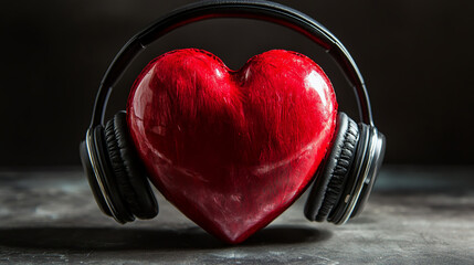 There is a red heart that is wearing a pair of headphones on a table