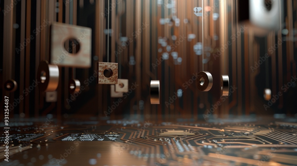 Poster abstract background with floating circuit elements and glowing lines, technology, innovation, and di