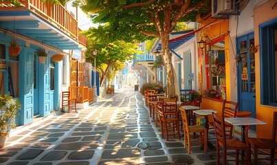 Obraz premium Chairs with tables in typical Greek tavern in Little Venice part of Mykonos town, Mykonos island, Greece. 
