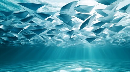 Surreal view of a fish shoal forming intricate geometric patterns, set against a backdrop of sunlit water