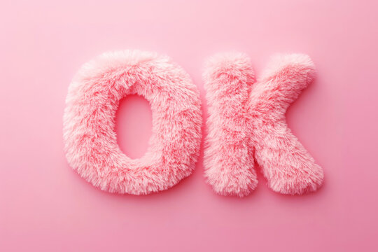Bright pink fuzzy letters forming the word OK, set against a pastel pink background, creating a playful and soft visual effect.