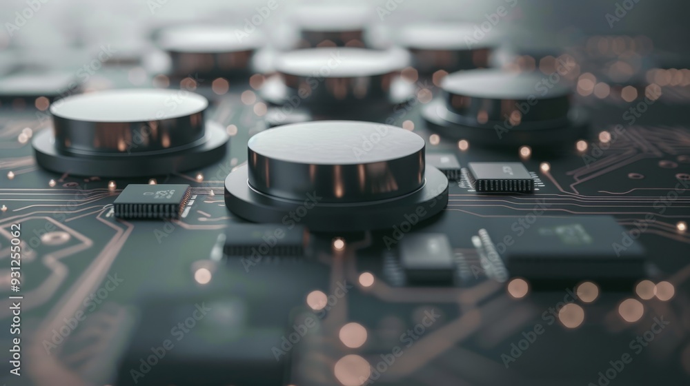 Poster a minimalist design of ultrathin magnets floating above a circuit board, representing innovation in 