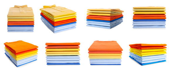 Stacked t-shirts isolated on white, collage of views from different sides