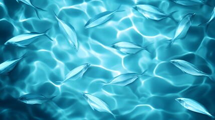 Gentle illumination reveals a school of fish, their scales shimmering in the tranquil, deep blue sea, casting soft reflections on the ocean floor