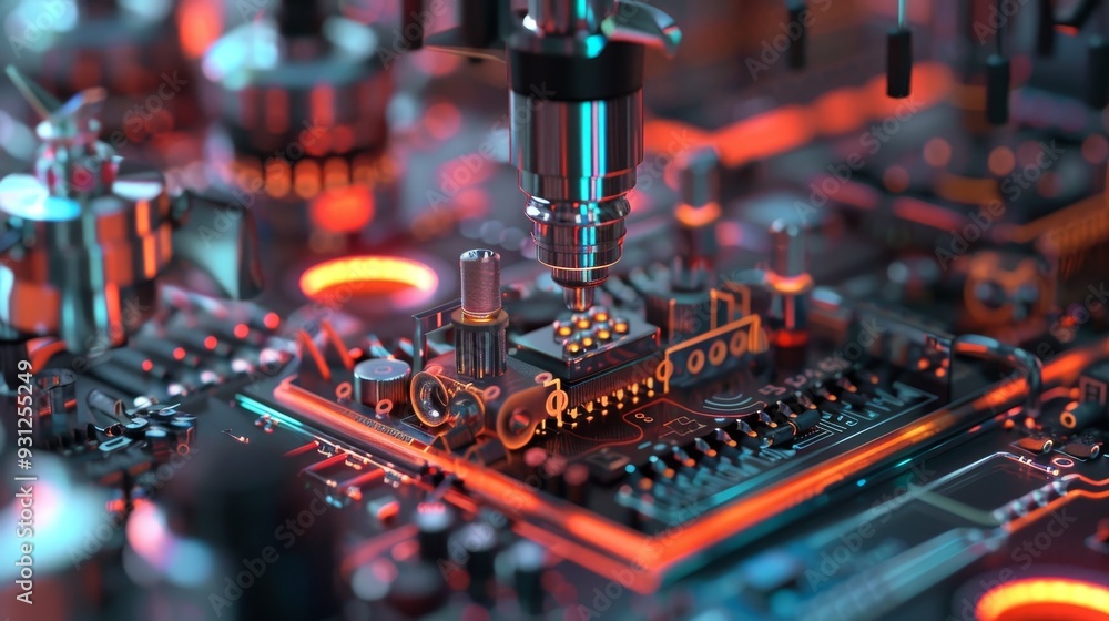 Poster a hightech visualization of tiny magnetic components being assembled in a lab, showcasing advancemen