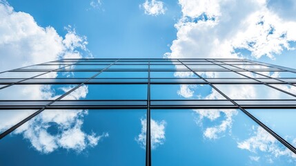 Fototapeta premium Low angle view of a modern glass building with reflections of the blue sky and white clouds.