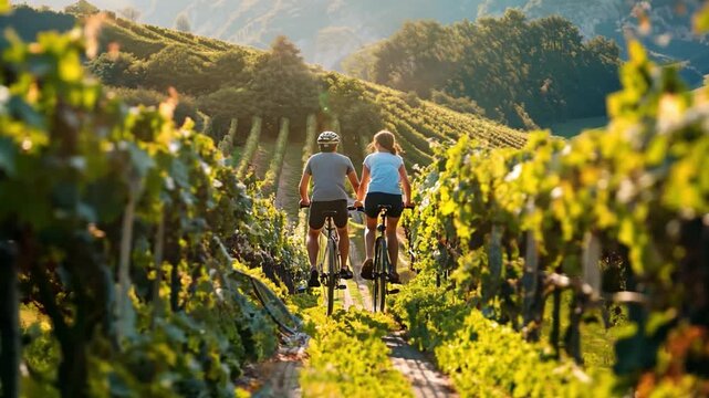 Couple on a cycling tour through a vineyard, enjoying the scenic ride.