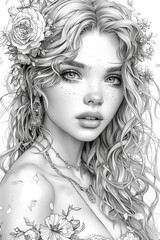 A woman with long hair and a flower crown on her head. She has a very pretty and elegant look