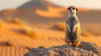 Fototapeta premium Curious meerkat standing on lookout, desert backdrop,