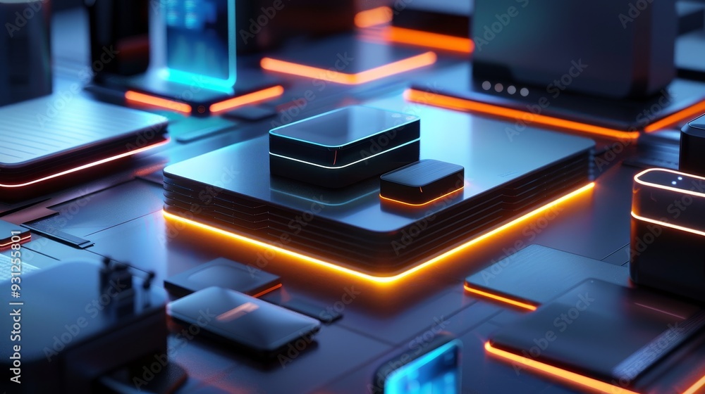 Poster futuristic technology background featuring glowing devices and modern interfaces with sleek designs 
