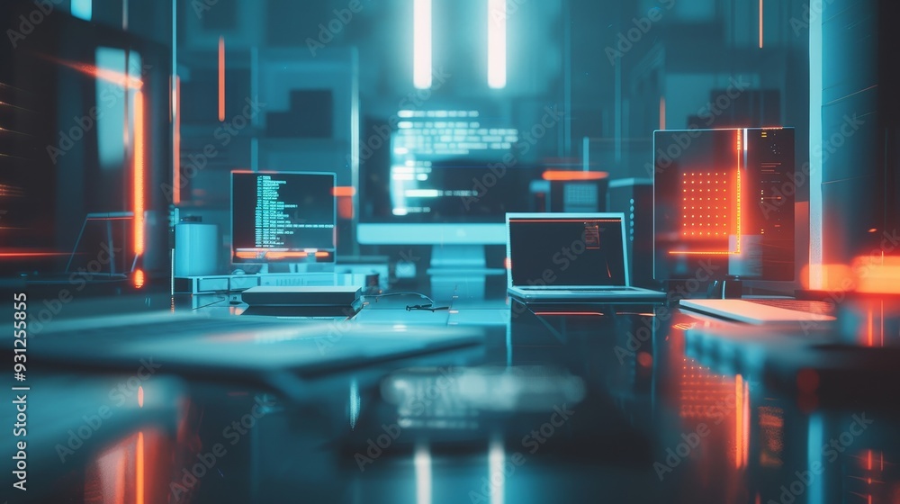 Poster futuristic workspace with glowing screens and technological elements set in a digital environment, i