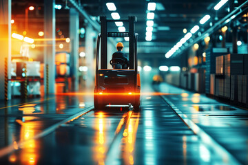 The image captures a worker operating a forklift in a warehouse environment, with minimal lighting highlighting the industrial and functional setting.