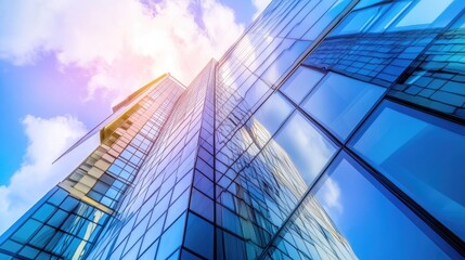 Fototapeta premium Low angle view of a modern glass skyscraper with a blue sky and clouds.