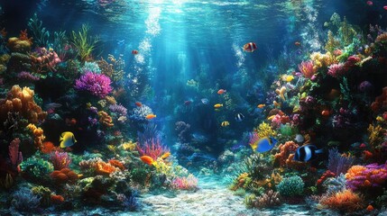 Vibrant coral reef with colorful fish swimming in the clear blue water.