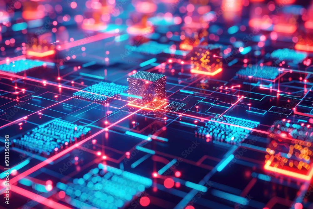 Poster futuristic digital grid with glowing neon squares, showcasing a technologically advanced data networ