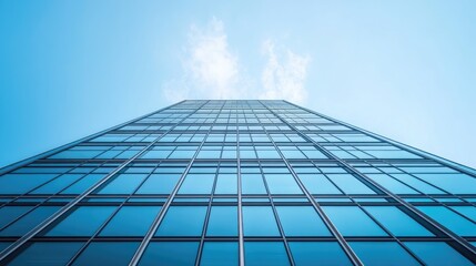 Fototapeta premium Low angle view of a modern skyscraper with blue glass facade against a blue sky with clouds.