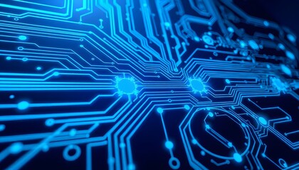 A close-up view of a futuristic circuit board with intricate patterns of glowing blue and red electronic traces, suggesting advanced technology and digital infrastructure