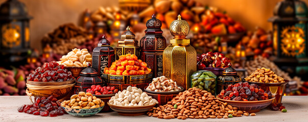 Obraz premium A table full of different types of nuts and dried fruit. The table is set up in a way that makes it easy to see and access the different types of food. Scene is inviting and appetizing