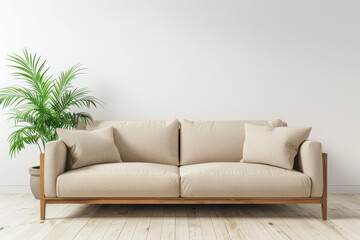 A sofa against a white wall. Modern living room interior background with beige sofa and potted plant.
