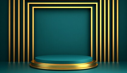 Minimalist Gold Ring Floating Above a Pedestal Against a Dark Green Background. Elegant and Modern Design Perfect for Themes of Luxury, Simplicity, and High-End Product Display.