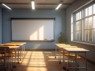 Fototapeta premium Empty classroom with whiteboard, desks, and chairs.