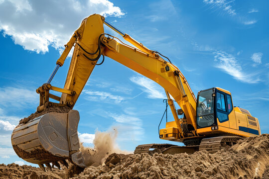 A yellow excavator on an open construction site. The bucket digs the ground. Industrial image.