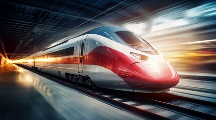 Naklejka premium High speed train in motion on the railway station at sunset. Neural network ai generated art