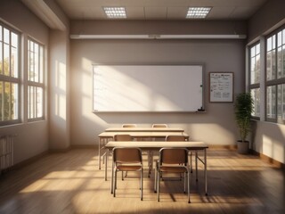 An empty classroom with wooden desks and chairs, a whiteboard, and sunlight streaming through the windows.