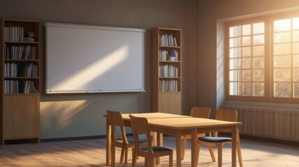 A classroom with a large whiteboard, a table and chairs, bookshelves, and a window with a view of trees.