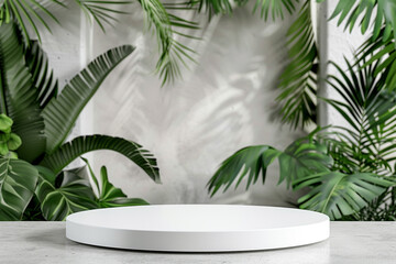 Contemporary White Podium Stage Rack with Green Stone and Tropical Leaves Background