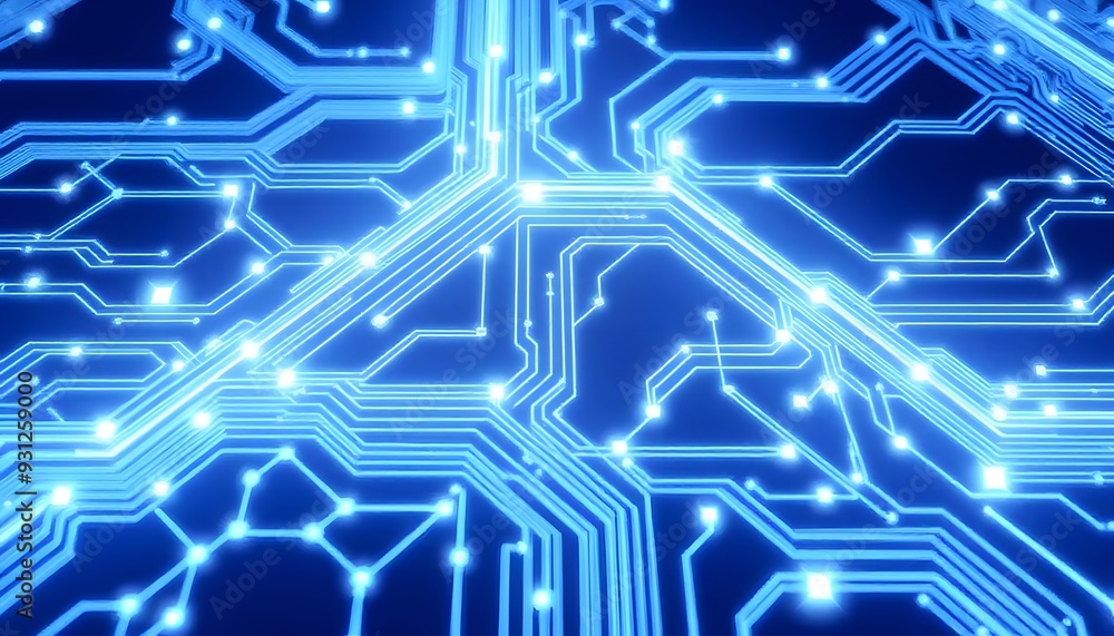 Poster abstract blue circuit board with glowing lines and lights, representing technology, electronics, or 