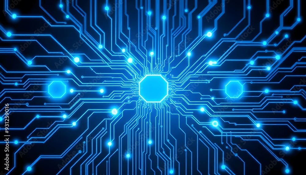 Poster abstract blue circuit board with glowing lines and lights, representing technology, electronics, or 