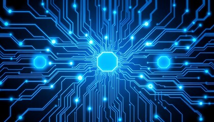 Abstract blue circuit board with glowing lines and lights, representing technology, electronics, or computer hardware