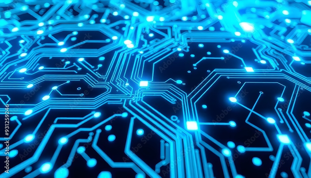Poster abstract blue circuit board with glowing lines and lights, representing technology, electronics, or 
