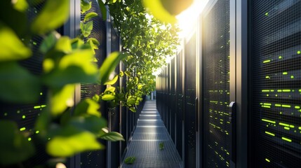 3D render of a server room with green trees in the background,