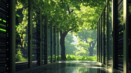 3D render of a server room with green trees in the background,