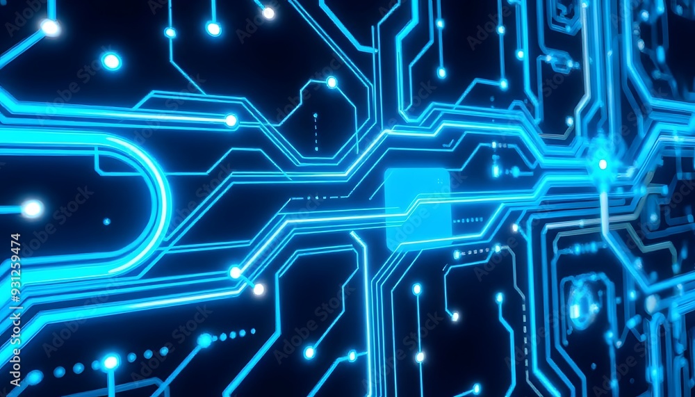 Aufkleber abstract blue circuit board with glowing lines and lights, representing technology, electronics, or 