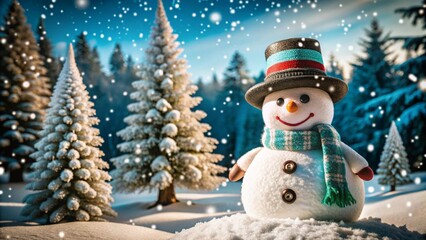 Obraz premium Merry christmas and happy new year greeting card with copy-space.Happy snowman standing in christmas landscape.Snow background.Winter fairytale.