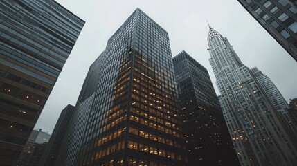 Low angle view of tall modern buildings in a city with glass and steel construction.