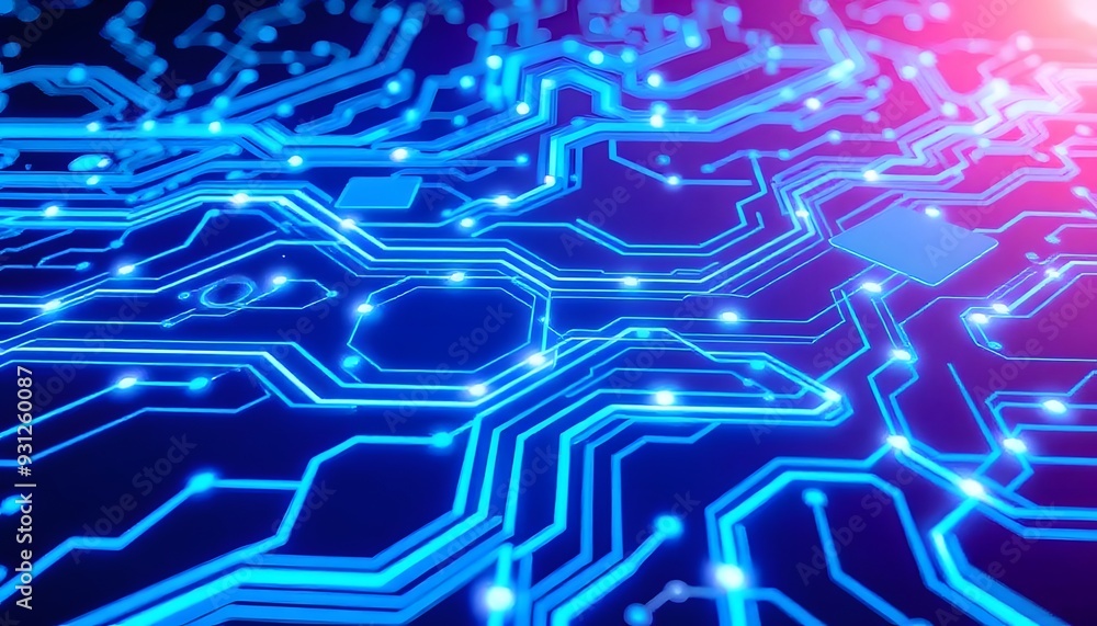 Poster abstract blue circuit board with glowing lines and lights, representing technology, electronics, or 