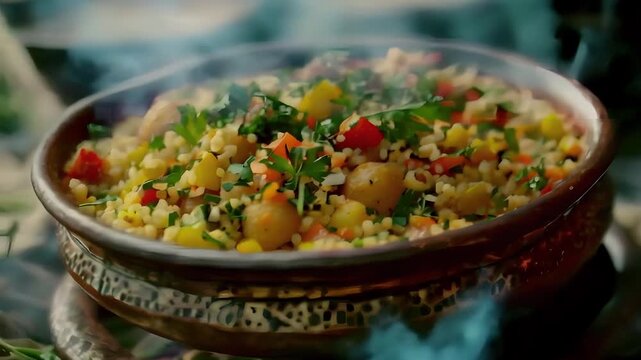Video Recreation of couscous in a exotic bowl	

