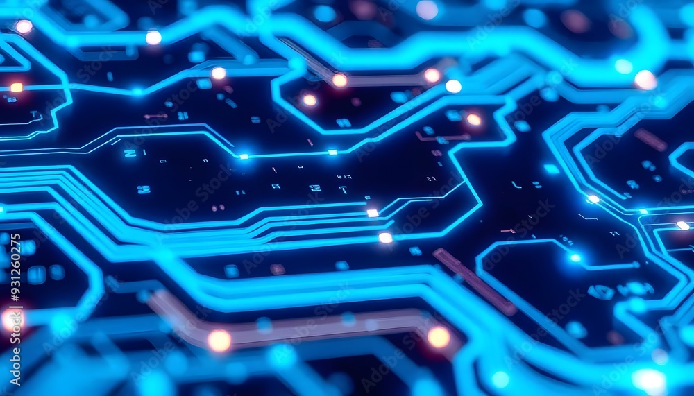 Poster abstract blue circuit board with glowing lines and lights, representing technology, electronics, or 