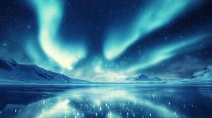 A stunning night sky illuminated by auroras over a serene, reflective icy landscape.