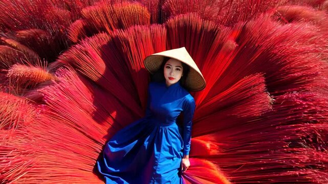 Imagine a woman in a dark blue standing amidst bright red incense sticks drying in the sun