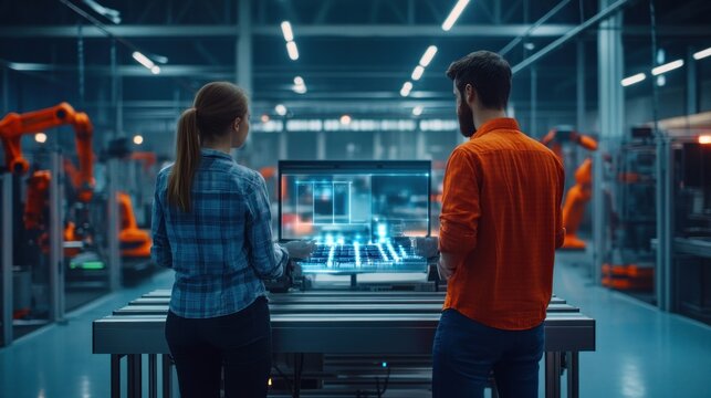 Two engineers working at a computer in a modern manufacturing facility with robotic arms in the background, representing advanced industrial technology and automation.
