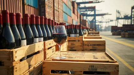 photograph of red wine bottles on wooden pallets at a container port, highlighting an industrial setting with cargo cranes and ship containers in the background