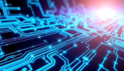 A close-up view of a blue-toned electronic circuit board with intricate patterns and traces