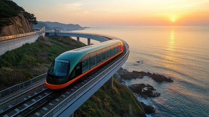 Modern train traveling along coastal cliffside with golden sunset in background.