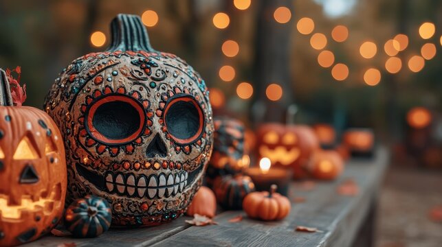 Close-up of a beautifully decorated sugar skull pumpkin surrounded by glowing jack-o'-lanterns, capturing the festive Halloween atmosphere.